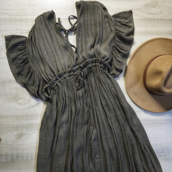 New Boho Flowy Gauze Cover Up Maxi Dress Button Front Muted Olive Green - Picture 10 of 12